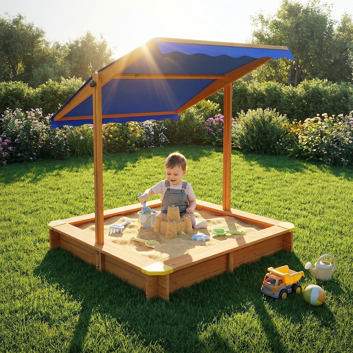 SANDKASTEN MIT DACH 118x118 cm Natur aus Massivholz - Naturfarben, Holz (118/118/119cm) - ML-DESIGN