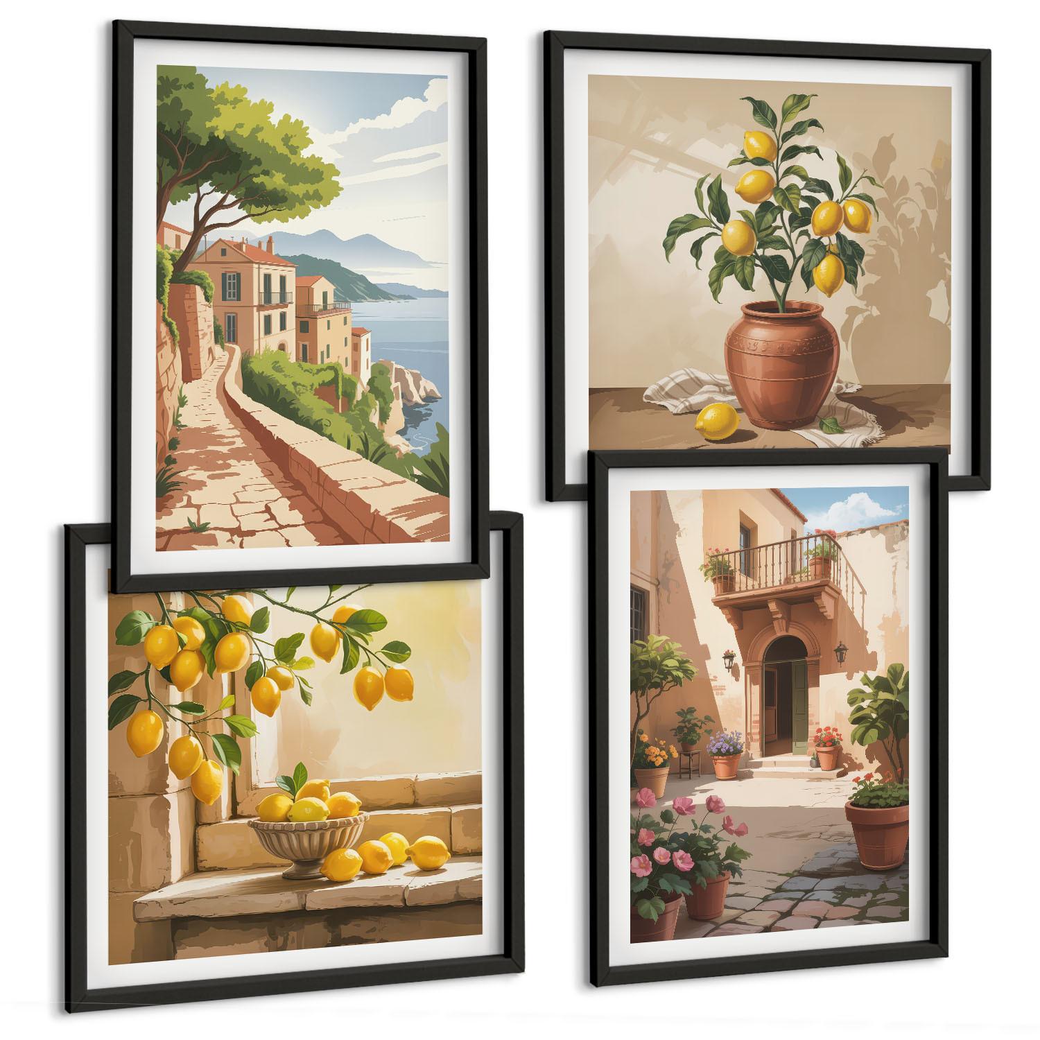 BILDER SET 4er Set - 50x50 cm & 40x60 cm Schwarzer Rahmen - Zitrusfrüchte in der Küche - Schwarz, Kunststoff (50/50cm) - TULUP