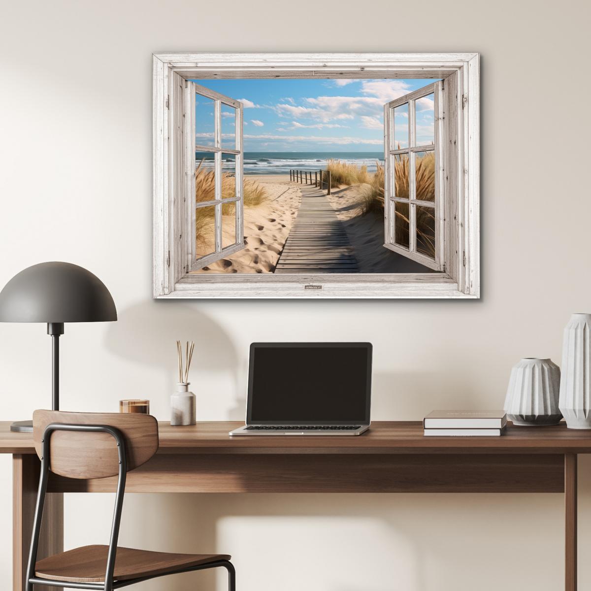 METALLBILD Fenster - Meer - Küste - Natur - Ausblick - Strand - Wattenmeer 80x60 cm - Beige, Metall (80/60cm) - MuchoWow