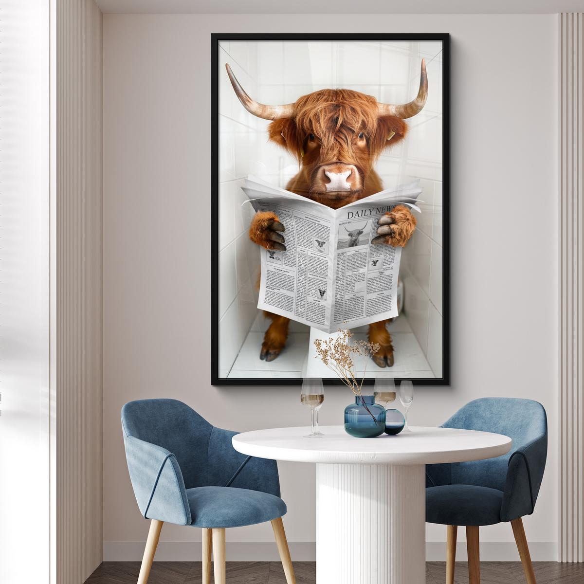 POSTER MIT RAHMEN Schottischer Highlander - Tier - Zeitung - Toilette Bilderleiste 80x120 cm - Kastanienfarben, Papier (80/120cm) - MuchoWow