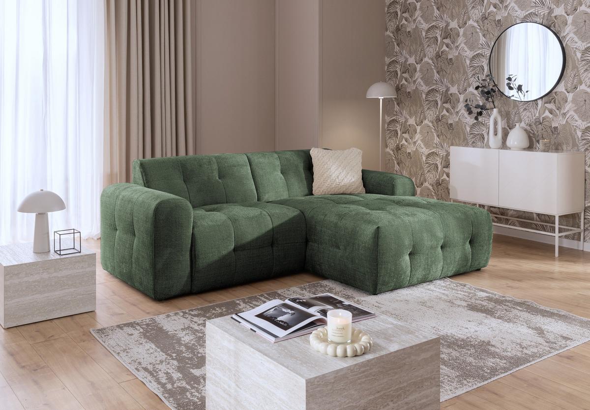 ECKSOFA mit Ottomane rechts, raffinierten Steppungen, Wellenunterfederung, B234/T161/H79 cm, Chenille-Bezug in Grün / 21039 - Schwarz/Grün, Kunststoff/Textil (234/79/161cm) - luma-home
