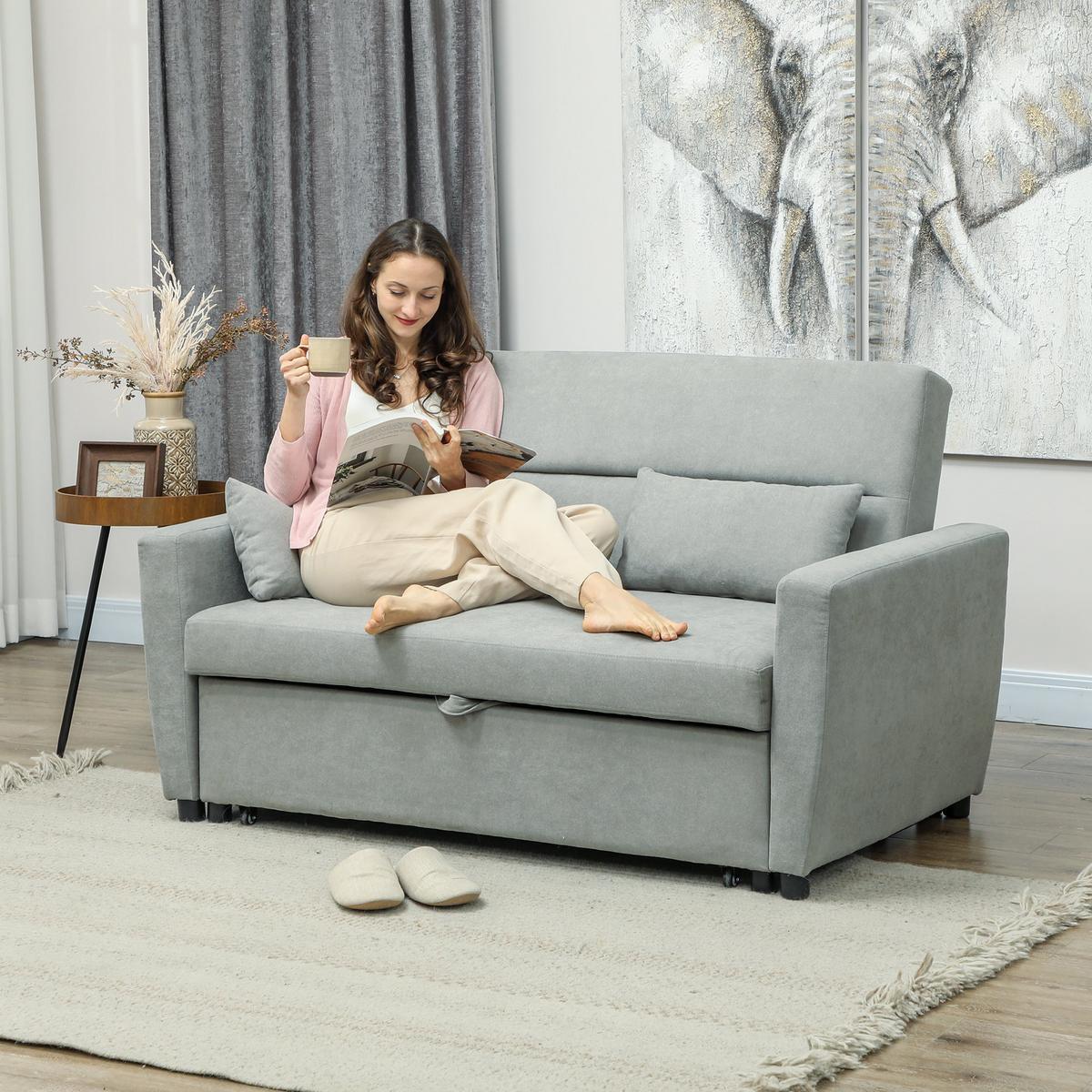SCHLAFSOFA, 2-Sitzer Sofa mit Schlaffunktion, Verstellbare Rückenlehne, Hellgrau - Hellgrau, Textil (90/88.5/155cm) - HOMCOM