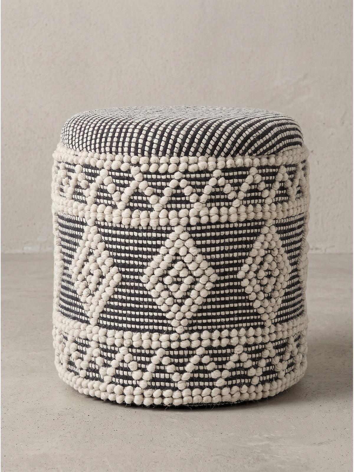 SITZHOCKER RHONE, Stoff, mit Textilbezug, mit Rautenstruktur, Creme-Schwarz, Ø 40 x 45 cm - Beige/Grau, Textil (40/45/40cm) - KADIMA DESIGN