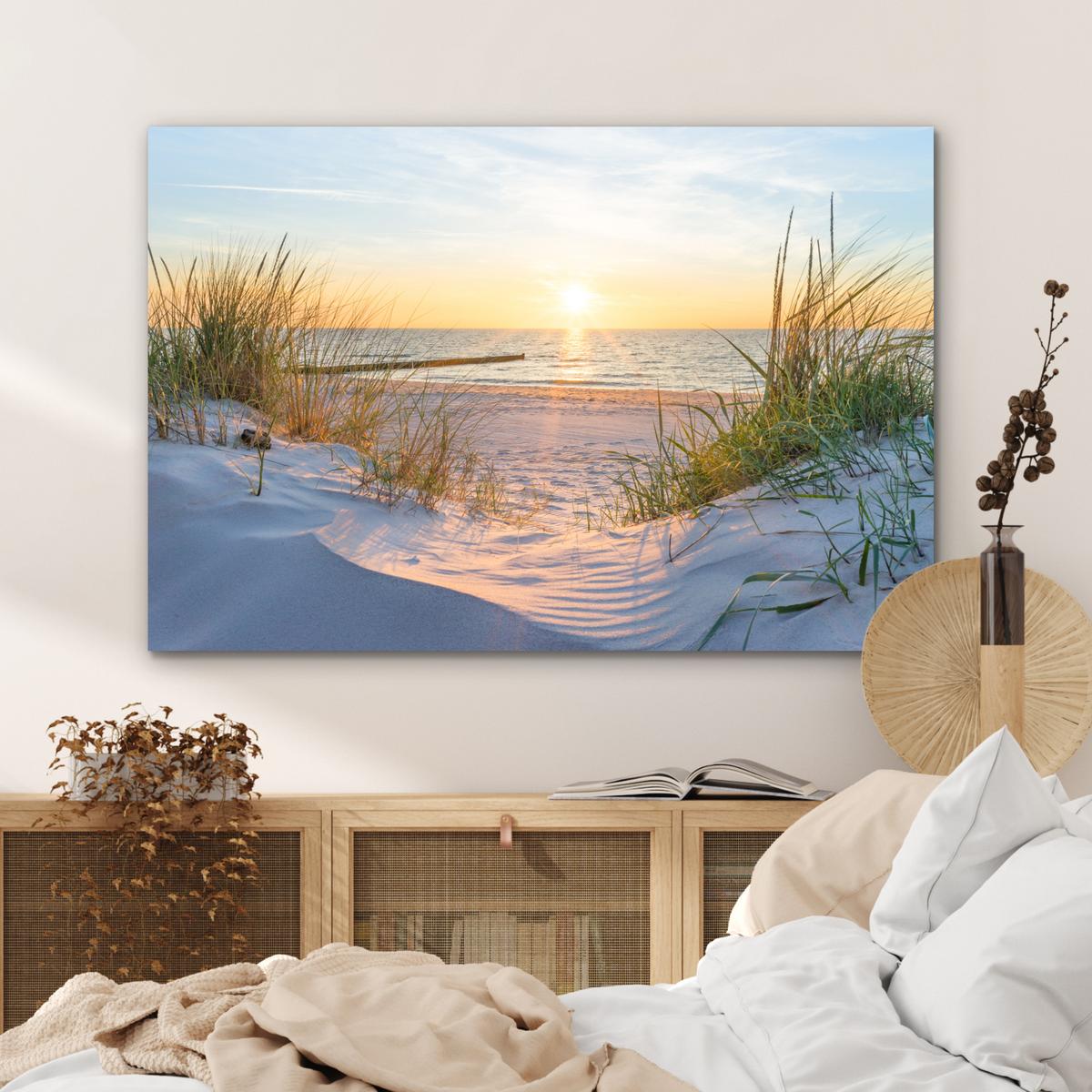 METALLBILD Strand - Sonne - Düne - Gras - Sand - Horizont Deko Groß 120x80 cm - Hellblau, Metall (120/80cm) - MuchoWow