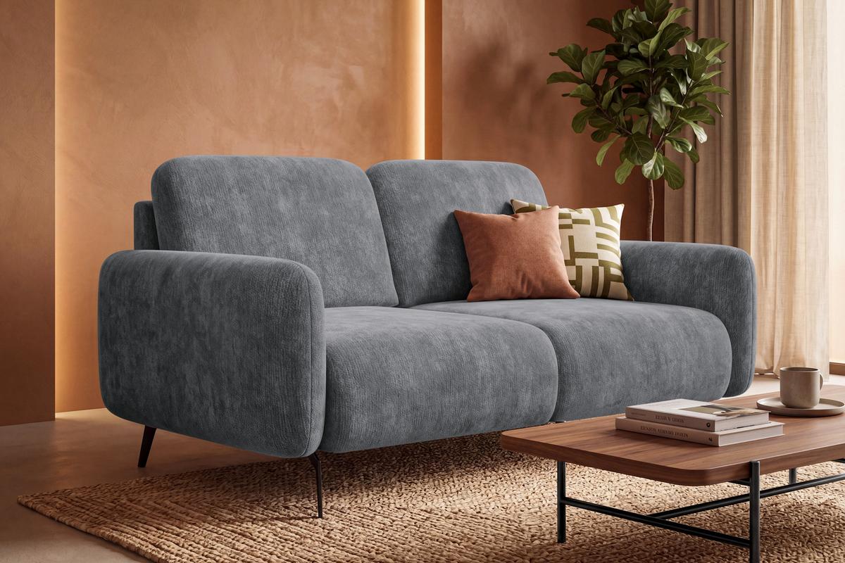 SOFA FEBE 2-Sitzer, grauer Chenille-Stoff - Schwarz/Grau, Holz/Textil (160/82/96cm) - Wozimo