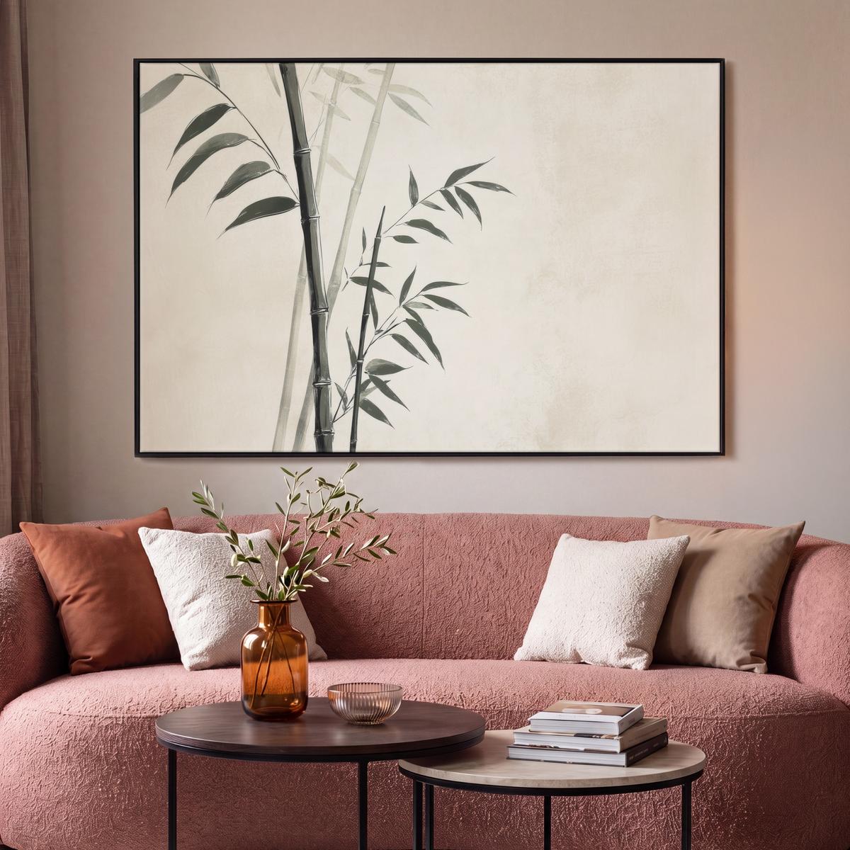 LEINWAND Bilder mit Rahmen - Japandi - Bambus - Beige - 120x80 - Eukalyptusholzfarben, Textil (120/80cm) - MuchoWow