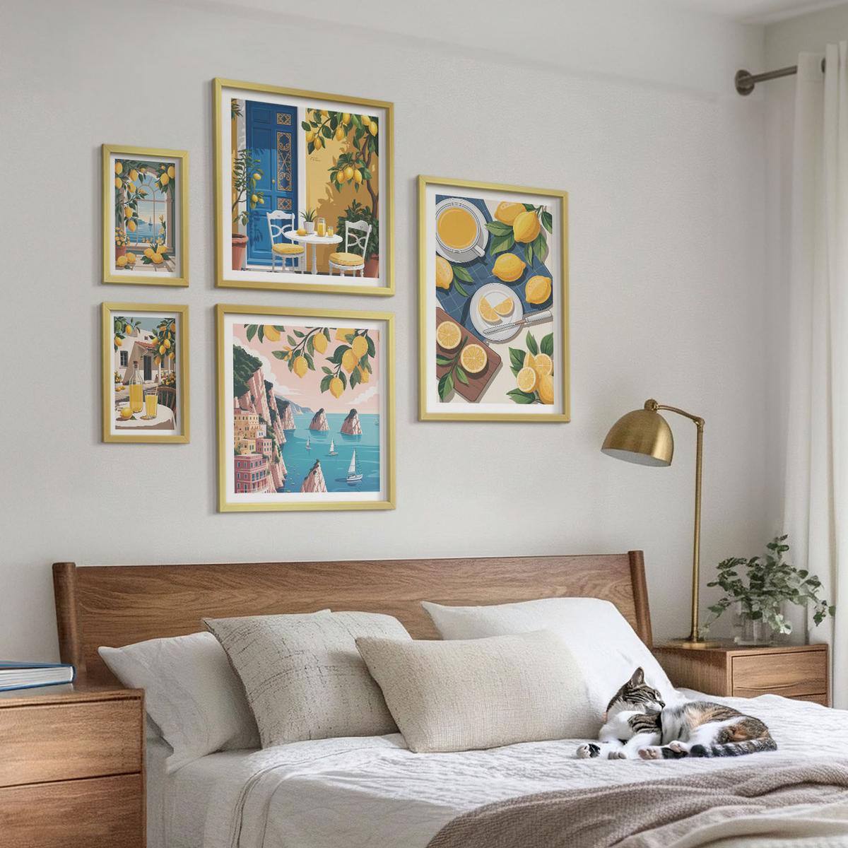 BILDER SET 5er Set - 50x50 cm & 20x30 cm & 40x60 cm Goldrahmen - Berge, rosa Himmel, Wasser, Sukkulente - Goldfarben, Kunststoff (40/60cm) - TULUP