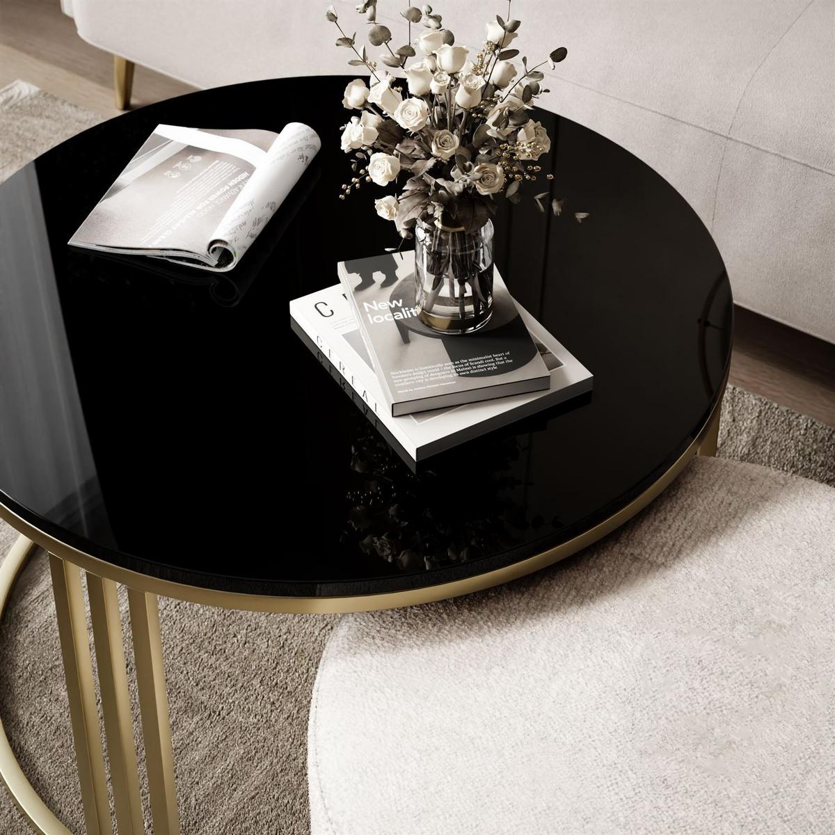 COUCHTISCH mit Hocker LORI Hochglanz gebürstetes Gold/Schwarz glänzend/Perfect Harmony 01 - Schwarz, Metall (70/70/49cm) - Lookway