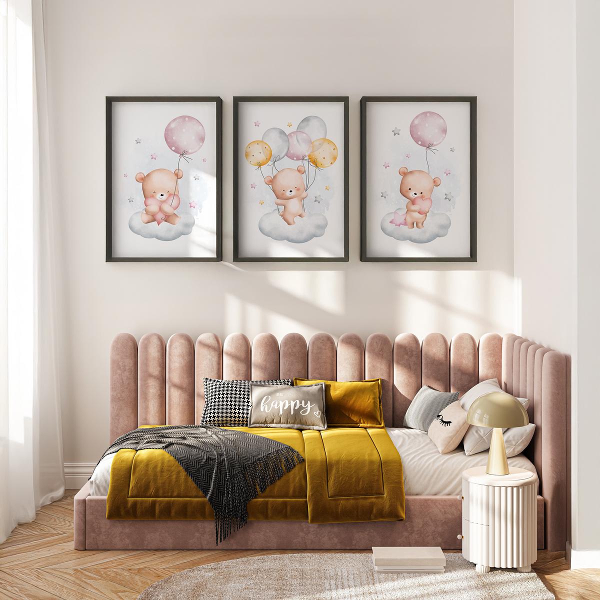 POSTER SET für Kinderzimmer Teddybären Wolken Ballons Sterne 3x Poster A4 21x30cm - Beige/Rosa, Papier (21/30/1cm) - Muralo