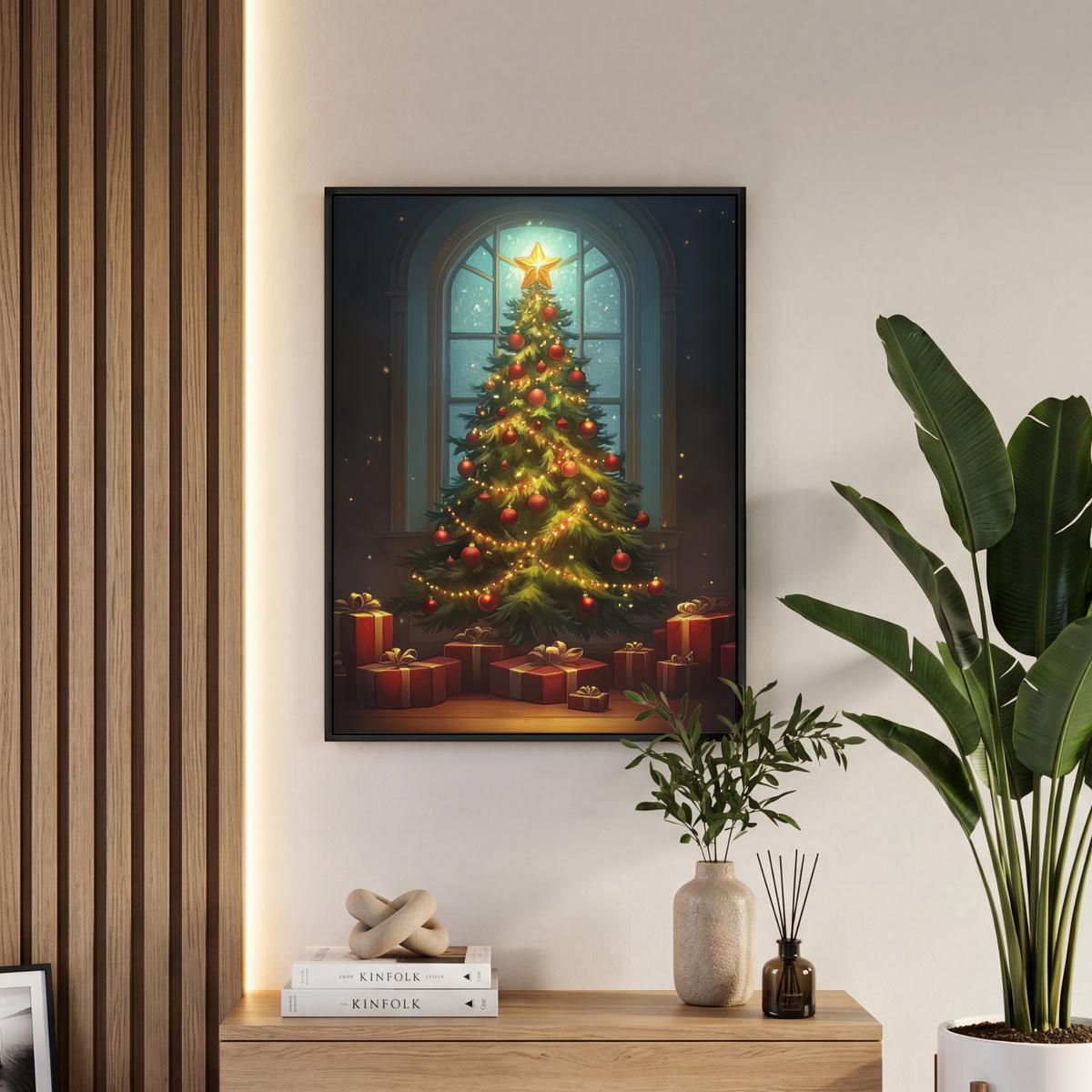 LEINWAND Bilder mit Rahmen - Weihnachtsbaum - Geschenk - Winter - 50x70 - Grün, Textil (50/70cm) - MuchoWow