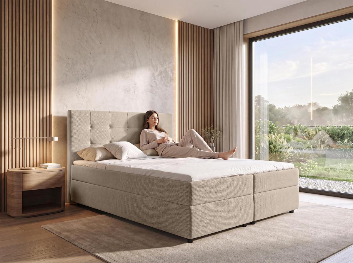 BOXBETT SAKARYA 140x200 cm mit Bettkasten und Matratze - Creme + TOPPER - Creme/Schwarz, Holz/Holzwerkstoff (140/200cm) - AX Living