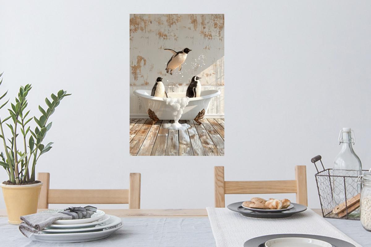WANDTATTOO Vintage - Pinguin - Badewanne - Schaumstoff Wandbild 40x60 cm - Schwarz, Kunststoff (40/60/0.1cm) - MuchoWow