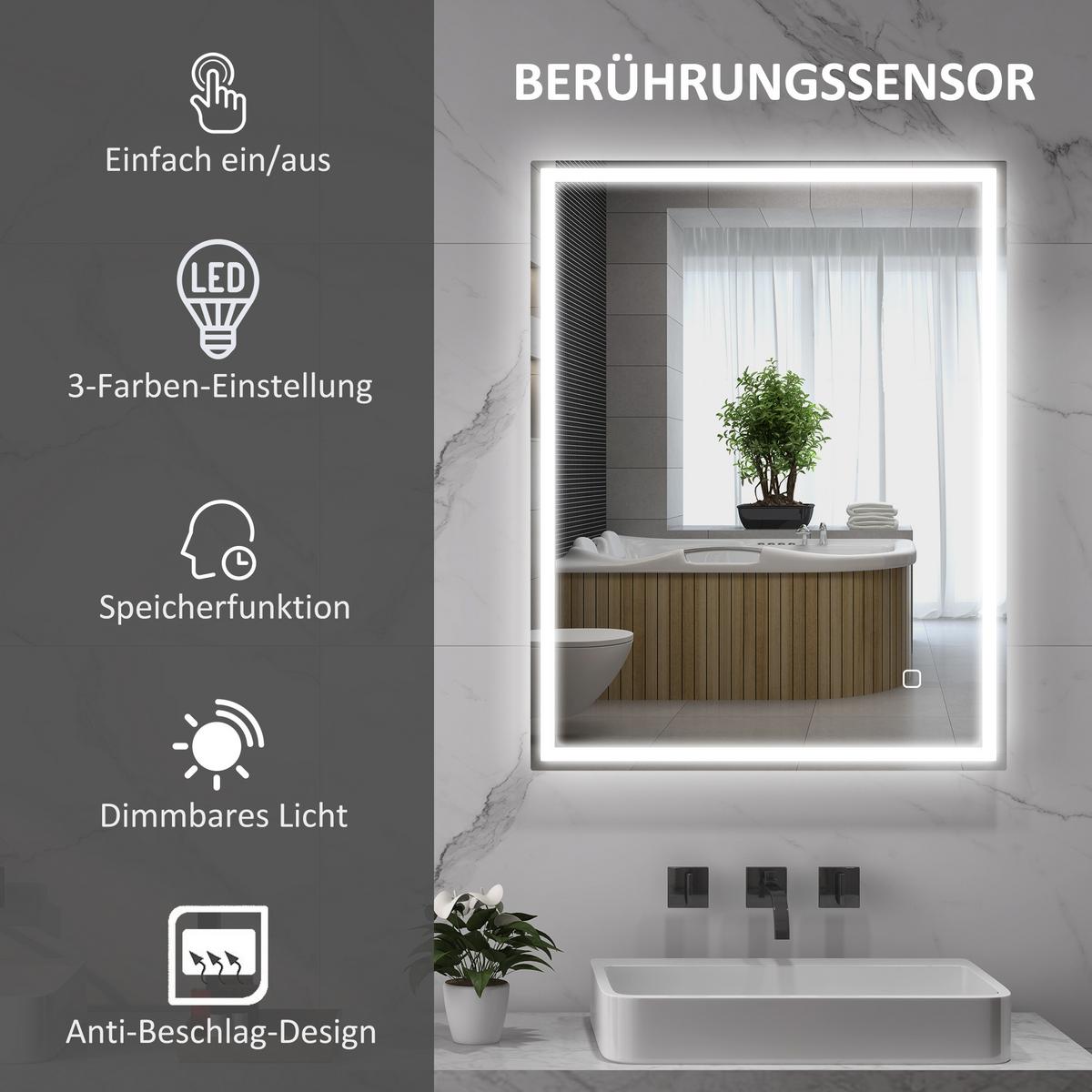 BADSPIEGEL mit Beleuchtung 90x70 cm LED Spiegel Wandspiegel mit Memory-Funktion - Silberfarben, Glas (70/4/90cm) - HOMCOM