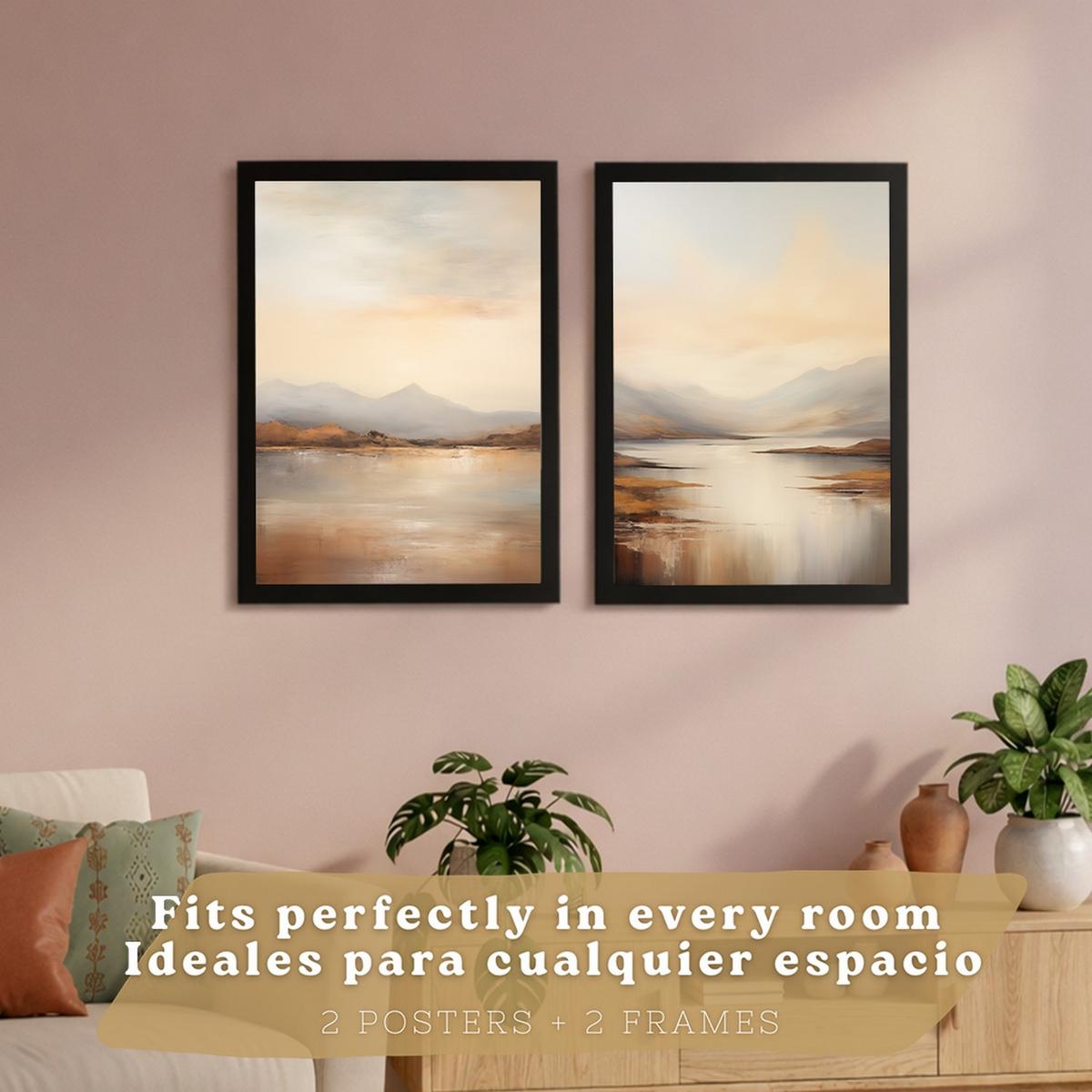 POSTER 2er-Set Wandbilder Sonnenaufgang modern Wohnzimmer Deko, Schlafzimmer, Küche, Badezimmer Schwarzer Rahmen A3 - Schwarz, Papier (29.7/1/42cm) - Nacnic