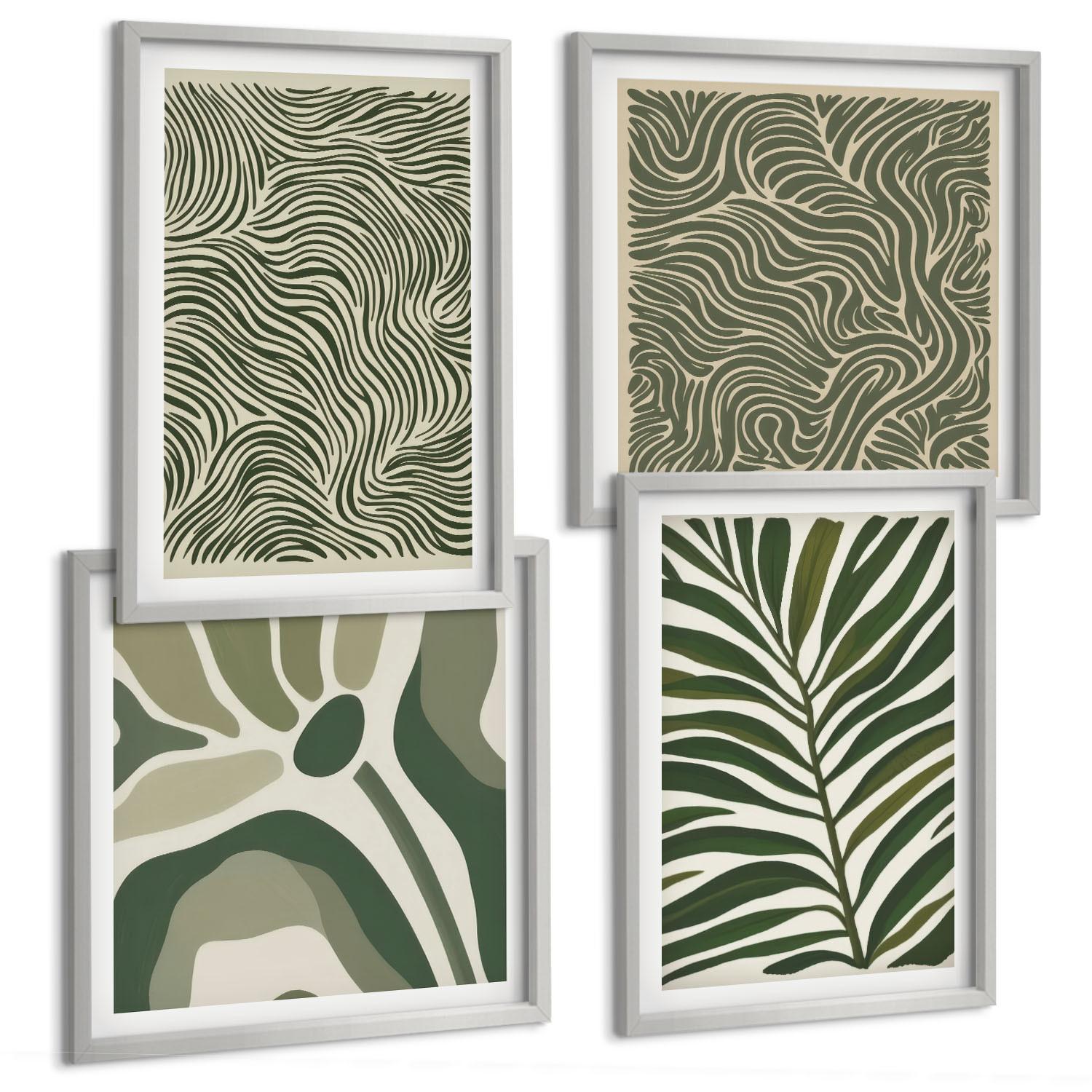 BILDER SET 4er Set - 50x50 cm & 40x60 cm Silberner Rahmen - Blattmuster und wellenförmige Formen - Silberfarben, Kunststoff (50/50cm) - TULUP