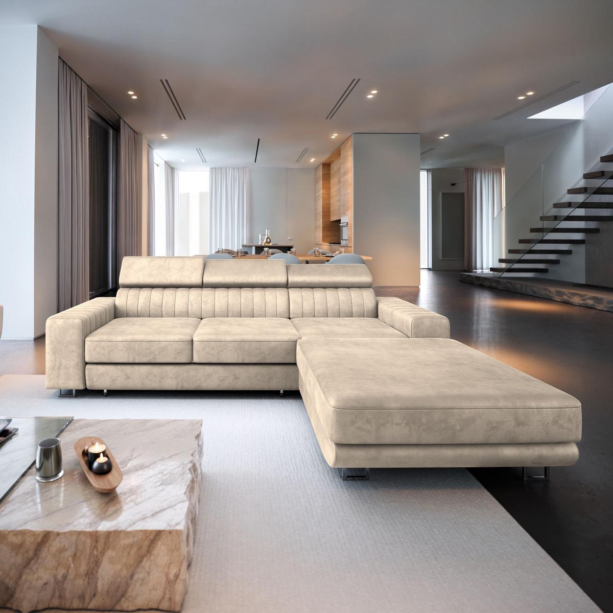 ECKSOFA NOTO R-S Creme Velours-Stoff mit Schlaffunktion - Silberfarben/Creme, Holz/Textil (267/190cm) - MASSENO