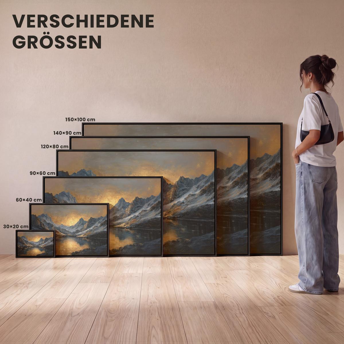 LEINWAND Bilder mit Rahmen - Bergkulisse mit goldenem Sonnenuntergang - 120x80 - Goldfarben, Textil (120/80cm) - MuchoWow