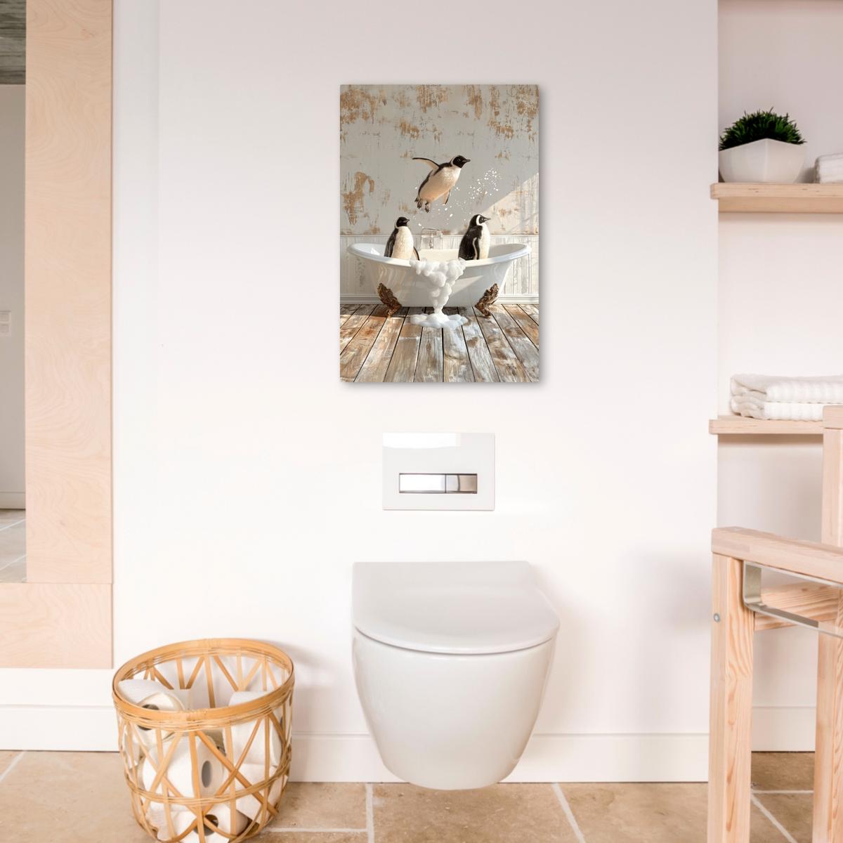 LEINWANDBILD Vintage - Pinguin - Badewanne - Schaumstoff Wanddeko 40x60 cm - Schwarz, Textil (40/60cm) - MuchoWow