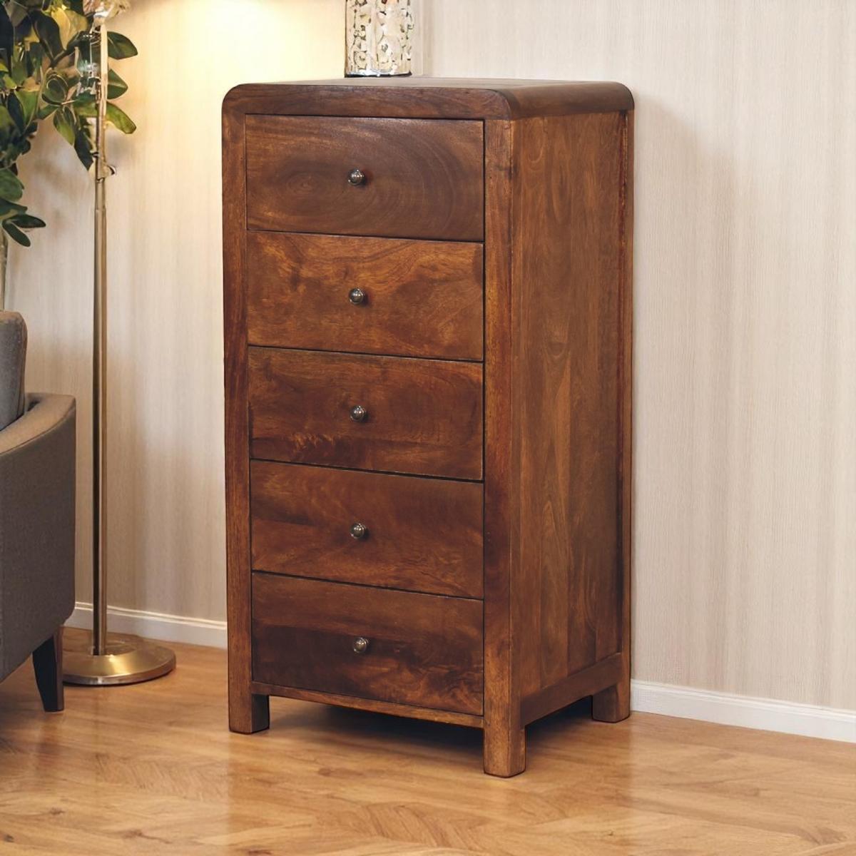 TALLBOY Aspen mit 5 Schubladen, Braun - Messingfarben/Braun, Mangoholz/Holz (45/90/35cm) - Artisan Furniture