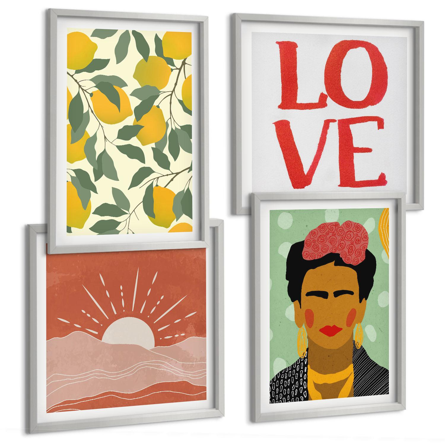 BILDER SET 4er Set - 50x50 cm & 40x60 cm Silberner Rahmen - Zitronen Inschrift Liebeslandschaft Frida - Silberfarben, Kunststoff (50/50cm) - TULUP