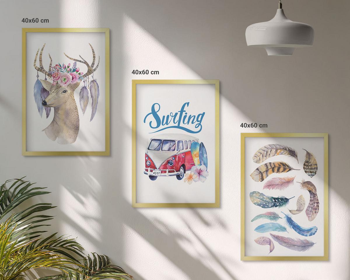 BILDER SET 3er Set - 40x60 cm Goldrahmen - Blumenwagen mit Geweih - Goldfarben, Kunststoff (40/60cm) - TULUP