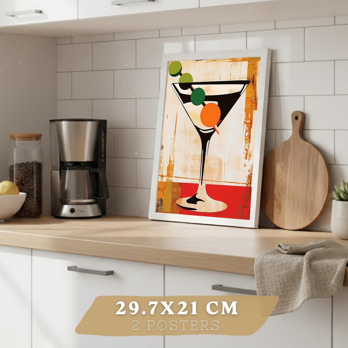 POSTER 4er Set Küchen-Wandbilder Vintage Katze Sardinen Martini Wein und Pasta Retro Esszimmer Bar Deko Weißer Rahmen A4 - Weiß, Papier (29.7/1/21cm) - Nacnic