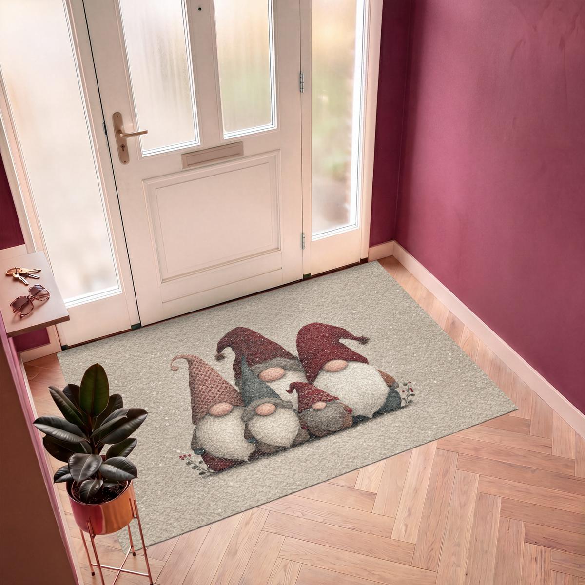 FUSSMATTE Wichtel - Weihnachten - Schnee - Zipfelmützen Türmatte 180x120 cm - Beige, Kunststoff (180/0.4cm) - MuchoWow