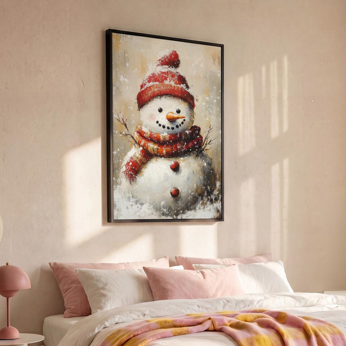 LEINWAND Bilder mit Rahmen - Schneemann - Winter - Schnee - Beige - 80x120 - Weiß, Textil (80/120cm) - MuchoWow