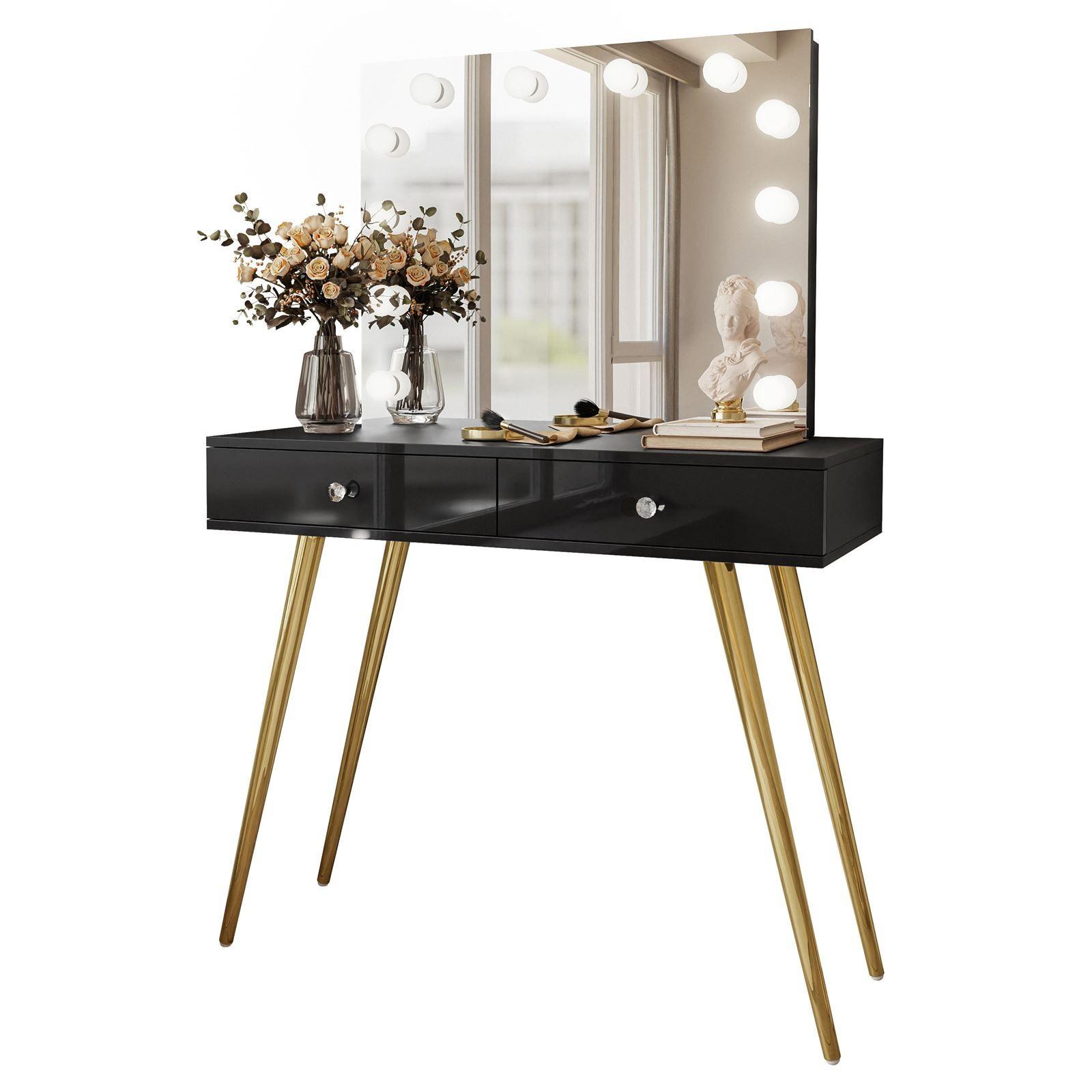 SCHMINKTISCH SIENNA GOLD ELITE mit Spiegel - Schwarz Hochglanz/Goldfarben, Holzwerkstoff (100/81/42cm)