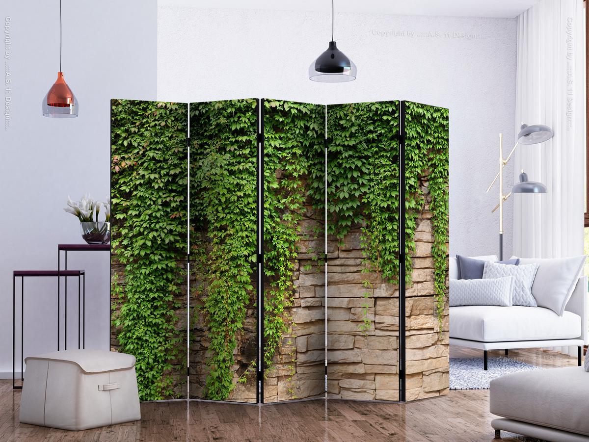 PARAVENT 5-tlg 225x172 cm Mauer Blätter 3D - Grün, Holz/Textil (225/172/3cm) - Muralo
