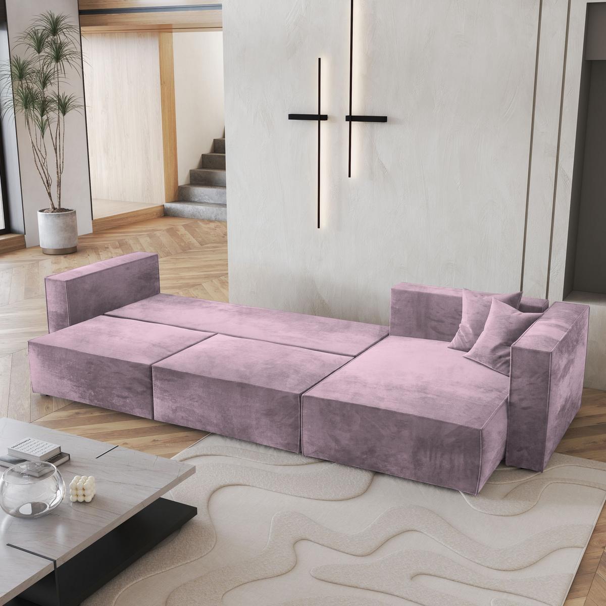 ECKSOFA TOLMO M Lila Velours-Stoff mit Schlaffunktion - Lila/Grau, Holz/Kunststoff (347/148cm) - MASSENO