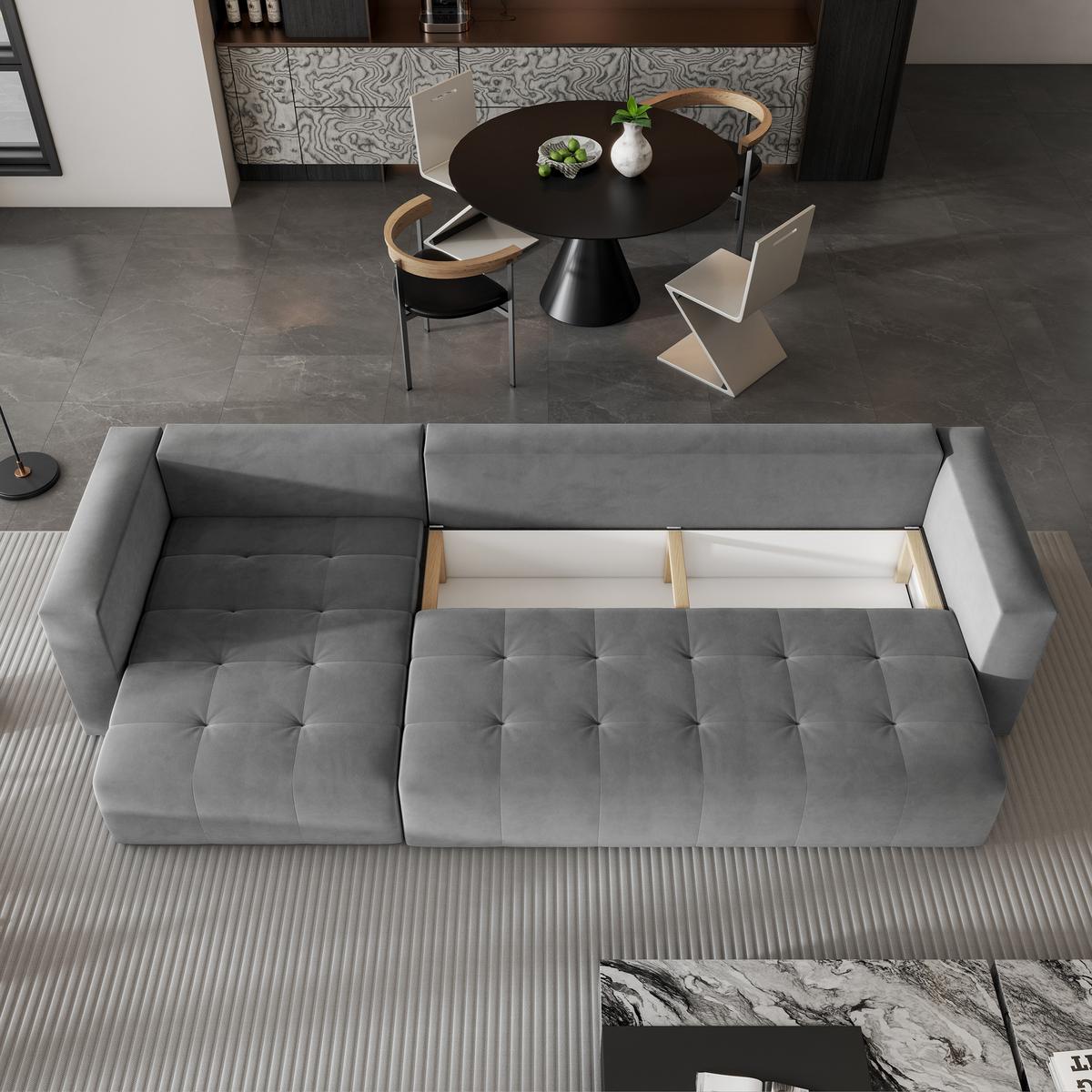 ECKSOFA OLVERA Grau Plüsch-Stoff mit Schlaffunktion - Grau, Holz (347/148cm) - MASSENO