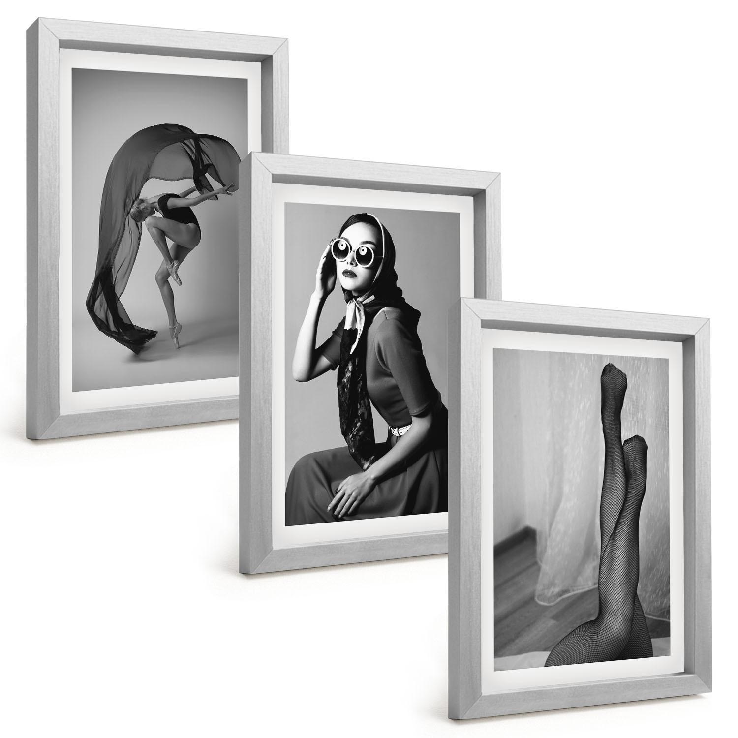 BILDER SET 3er Set - 20x30 cm Silberner Rahmen - Schwarz-Weiß-Porträts von Frauen - Silberfarben, Kunststoff (20/30cm) - TULUP