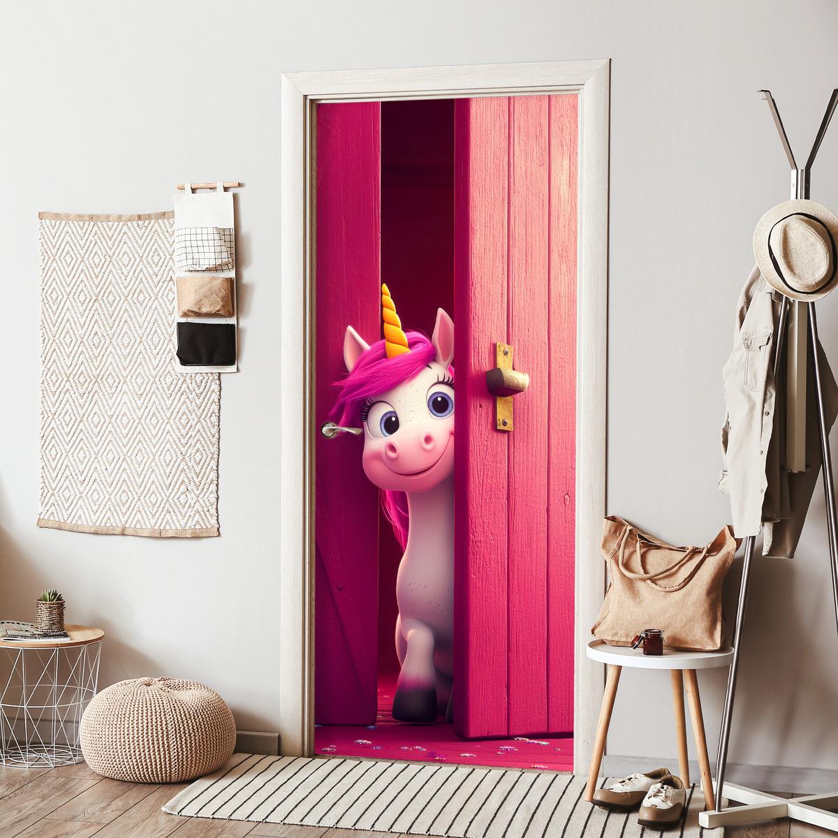 TÜRAUFKLEBER Einhorn - Rosa - Tür - Fantasie 90x215 cm - Türtapete - Pink, Kunststoff (90/0.1cm) - MuchoWow
