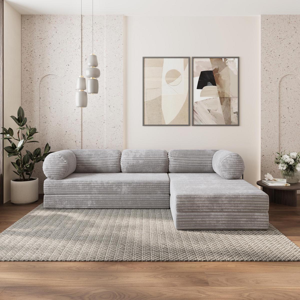 ECKSOFA ETERA modulares Boneless Sofa mit Schlaffunktion Hellgrau Kordstoff - Grau, Textil (270/160cm) - MASSENO