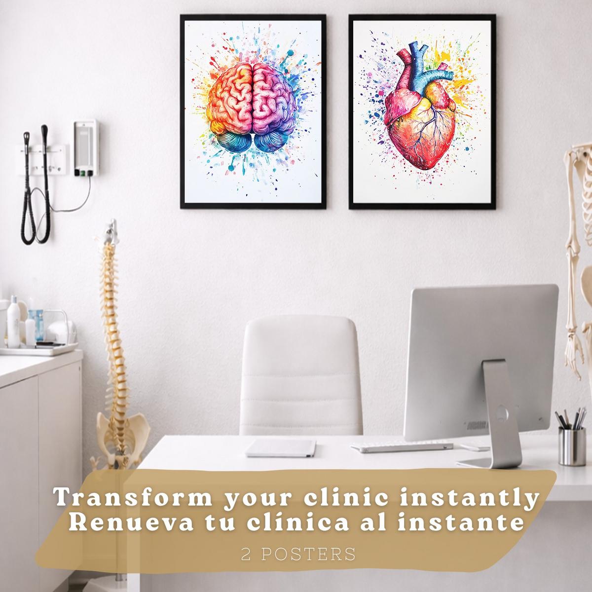 POSTER Set aus 2 Anatomie Drucke und Wandbilder mit Gehirn und Herz Künstlerische Mehrfarbig Aquarell Illustration Größe Schwarzer Rahmen A4 - Schwarz, Papier (21/29.7/3cm) - Nacnic