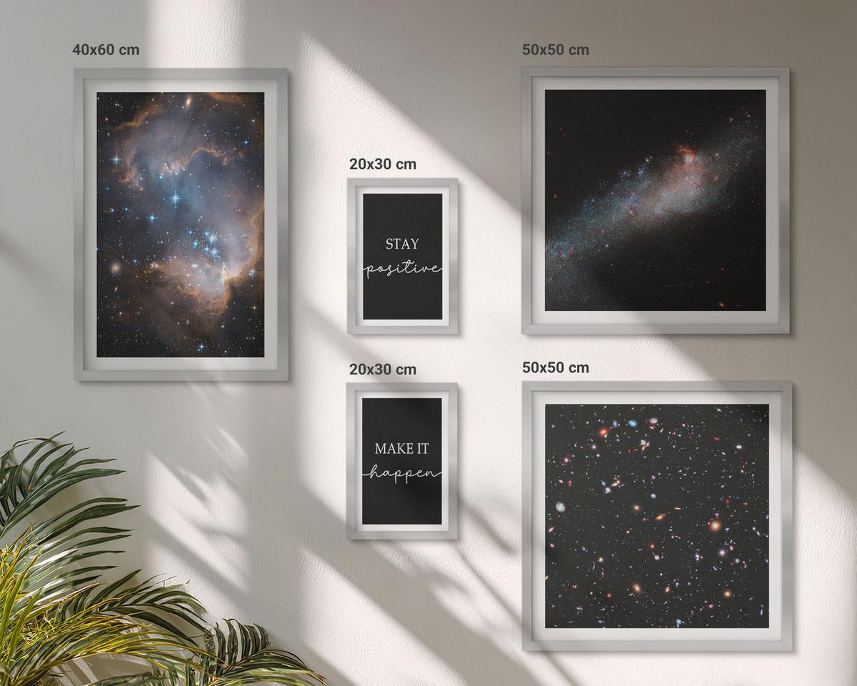 BILDER SET 5er Set - 50x50 cm & 20x30 cm & 40x60 cm Silberner Rahmen - Motivationsslogans Sterne Weltraum - Silberfarben, Kunststoff (40/60cm) - TULUP