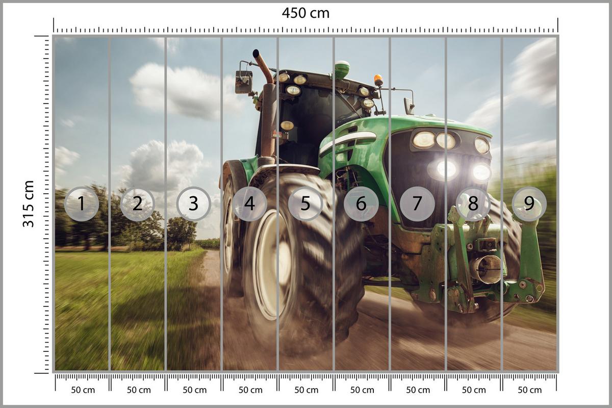 FOTOTAPETE Fahrender Traktor Bäume Vegetation Landwirtschaft 450x315 - Schwarz/Weiß, Papier (450/315cm) - Muralo