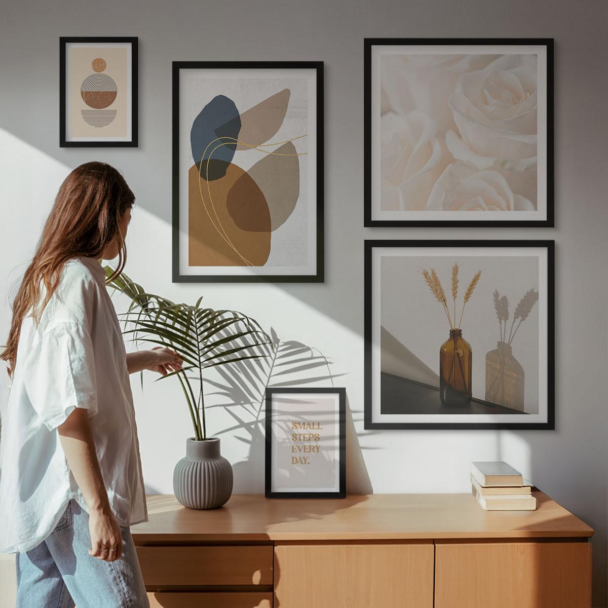 BILDER SET 5er Set - 50x50 cm & 20x30 cm & 40x60 cm Schwarzer Rahmen - Abstrakte Formen Akzente - Schwarz, Kunststoff (40/60cm) - TULUP