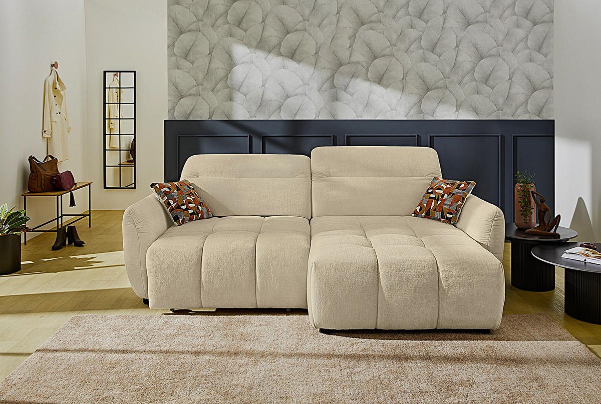ECKSOFA mit elektrischer Sitztiefenverstellung, Kopflehnen verstellbar, USB-C und -A Ladefunktion B260/T191/H106 cm, Flachgewebe Beige / 15405 - Beige/Multicolor, Kunststoff/Textil (260/191cm) - luma-home