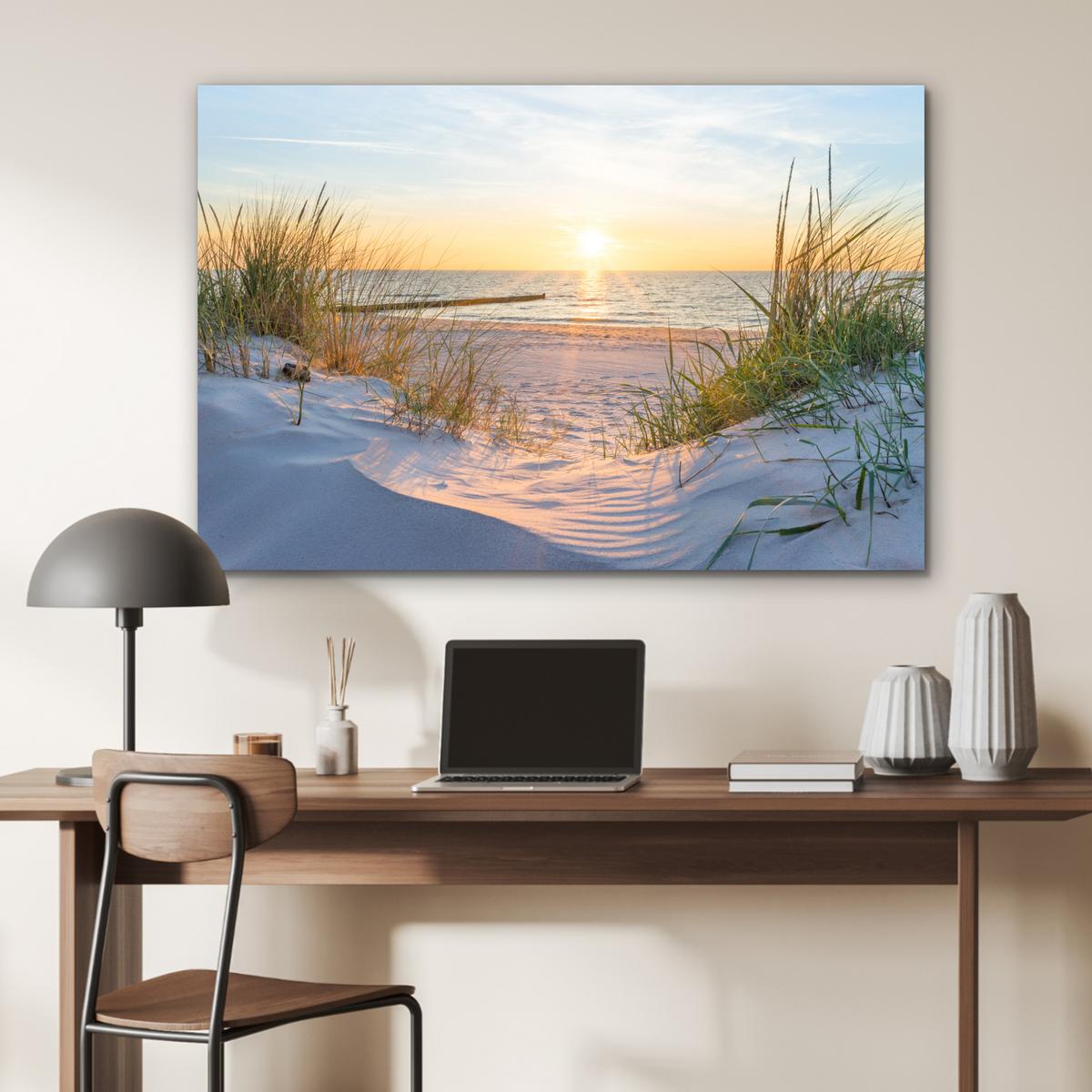 METALLBILD Strand - Sonne - Düne - Gras - Sand - Horizont Deko Groß 120x80 cm - Hellblau, Metall (120/80cm) - MuchoWow