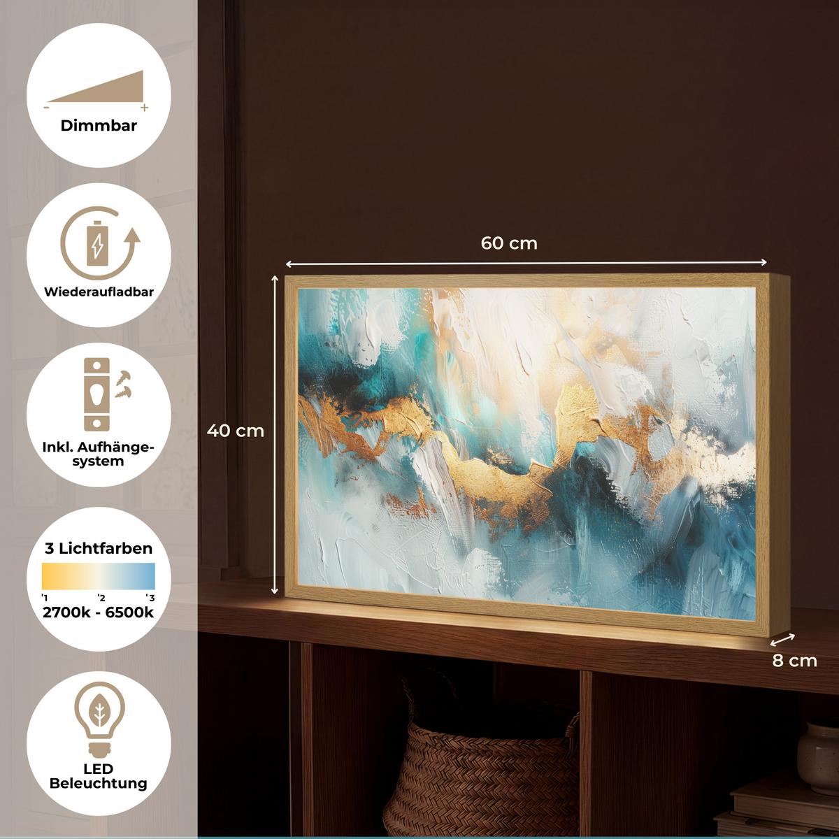 WANDLEUCHTE MIT AKKU Abstrakt - Kunst - Gold - Blau 60x40 cm - Türkis, Holzwerkstoff (60/40/8cm) - OnlyWow