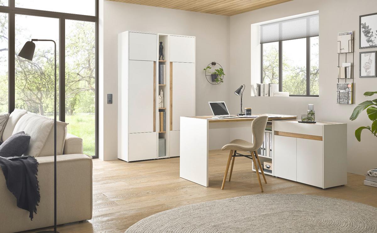 SCHREIBTISCHKOMBINATION 6-teilig weiß matt, Eiche Wotan, Büromöbel Set mit viel Stauraum - Eichefarben/Eiche Wotan, Holzwerkstoff/Kunststoff (140/263/200cm) - Furn.Design
