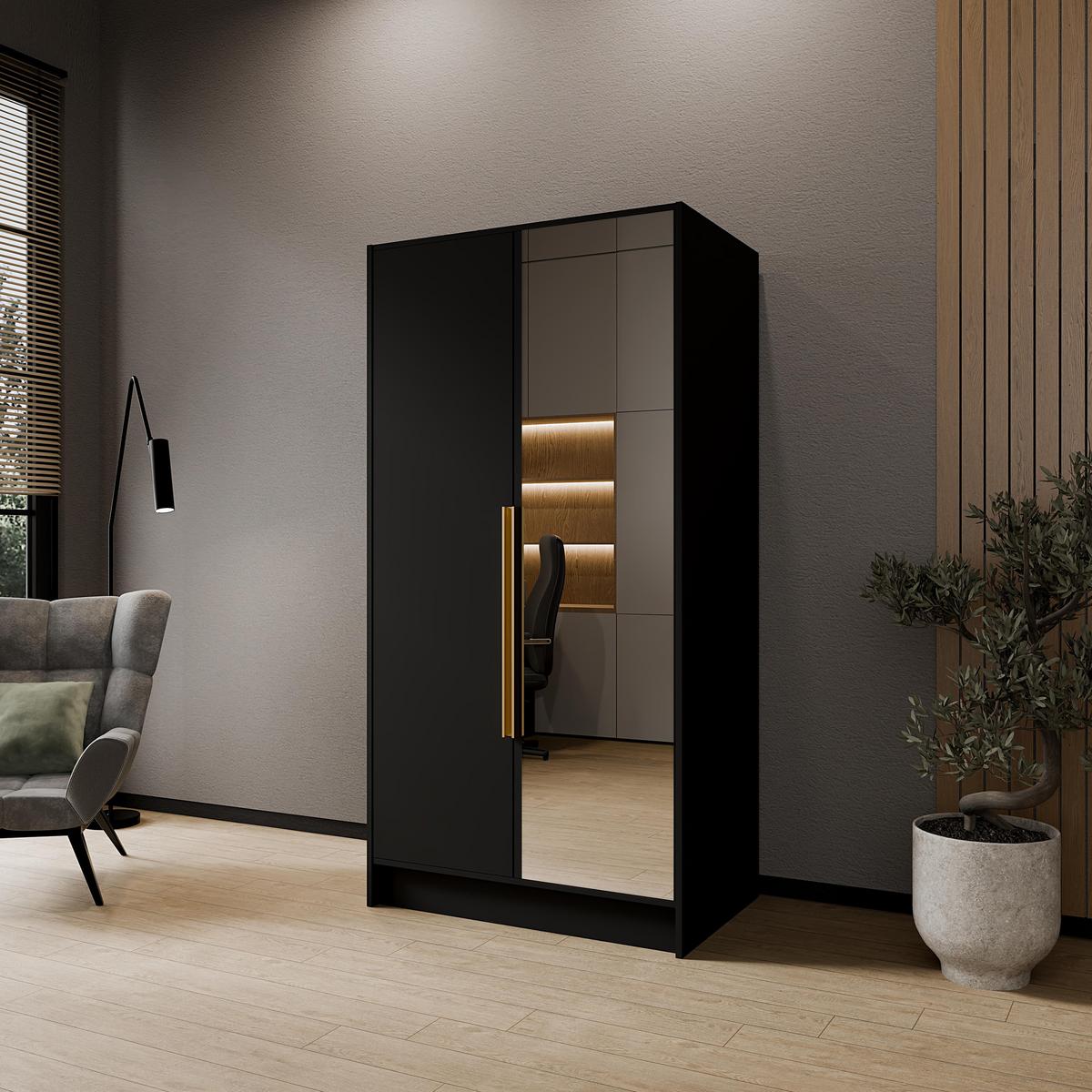 DREHTÜRENSCHRANK Laro mit Spiegel, Schwarz mit goldenen Griffen, 100 cm - Schwarz, Holzwerkstoff (100/200/51cm) - Beautysofa