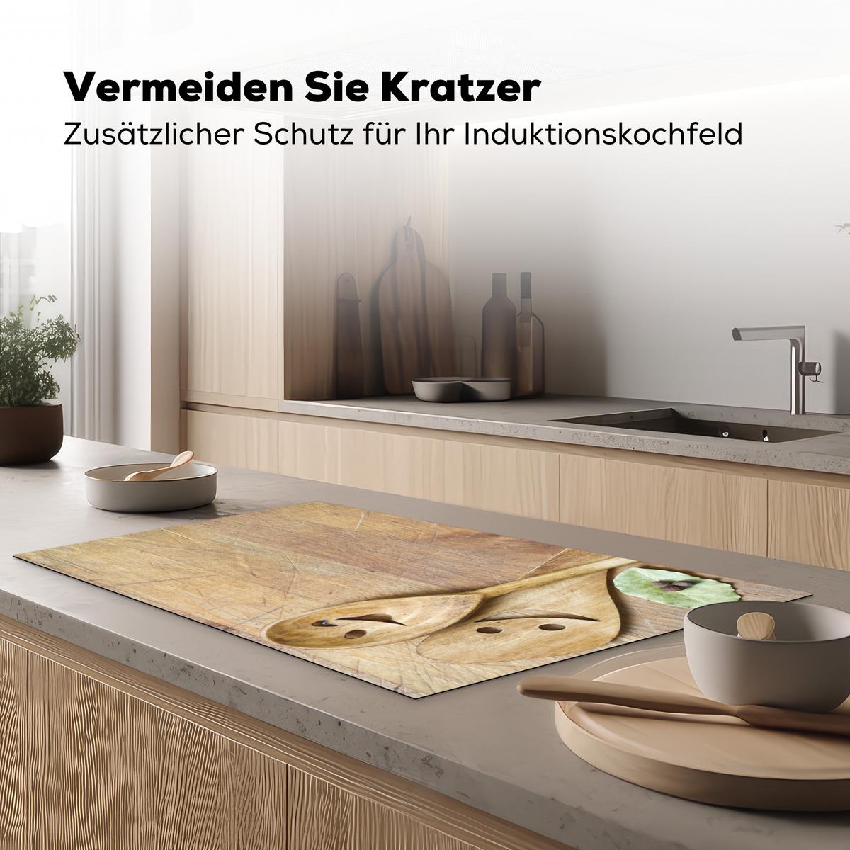 HERDABDECKPLATTE Holz - Löffel - Braun - Smiley Induktionsschutz 91.2x52 cm - Hellbraun, Kunststoff (91.2/52/0.2cm) - MuchoWow