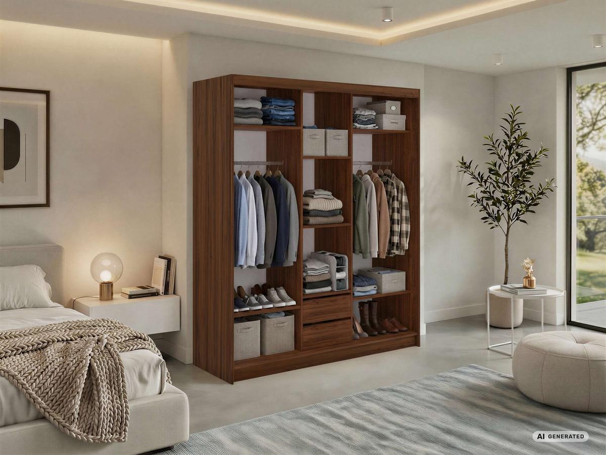 SCHWEBETÜRENSCHRANK mit Schubladen 180 - VERONA - Warmia Walnuss mit Spiegel - Walnussfarben/Alufarben, Holzwerkstoff/Metall (180/216/61cm) - MKS