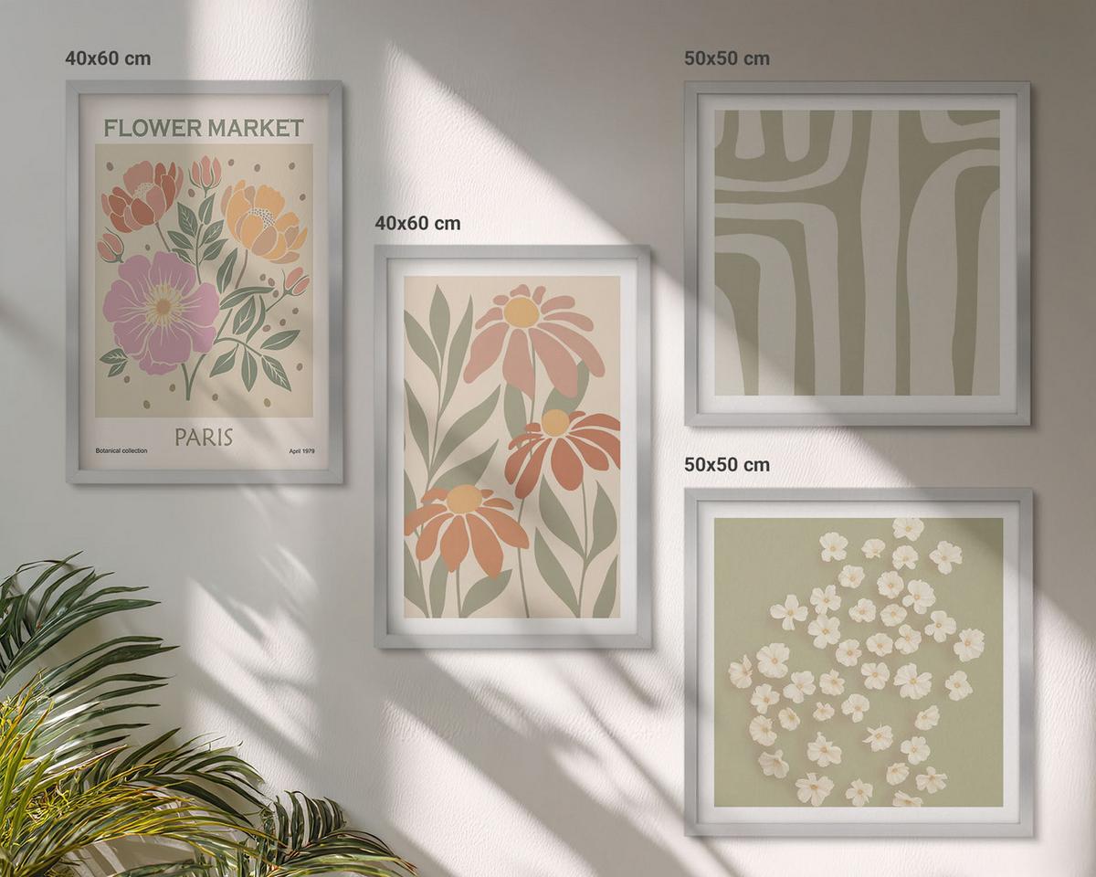 BILDER SET 4er Set - 50x50 cm & 40x60 cm Silberner Rahmen - Botanische Motive, Pariser Minimalismus - Silberfarben, Kunststoff (50/50cm) - TULUP