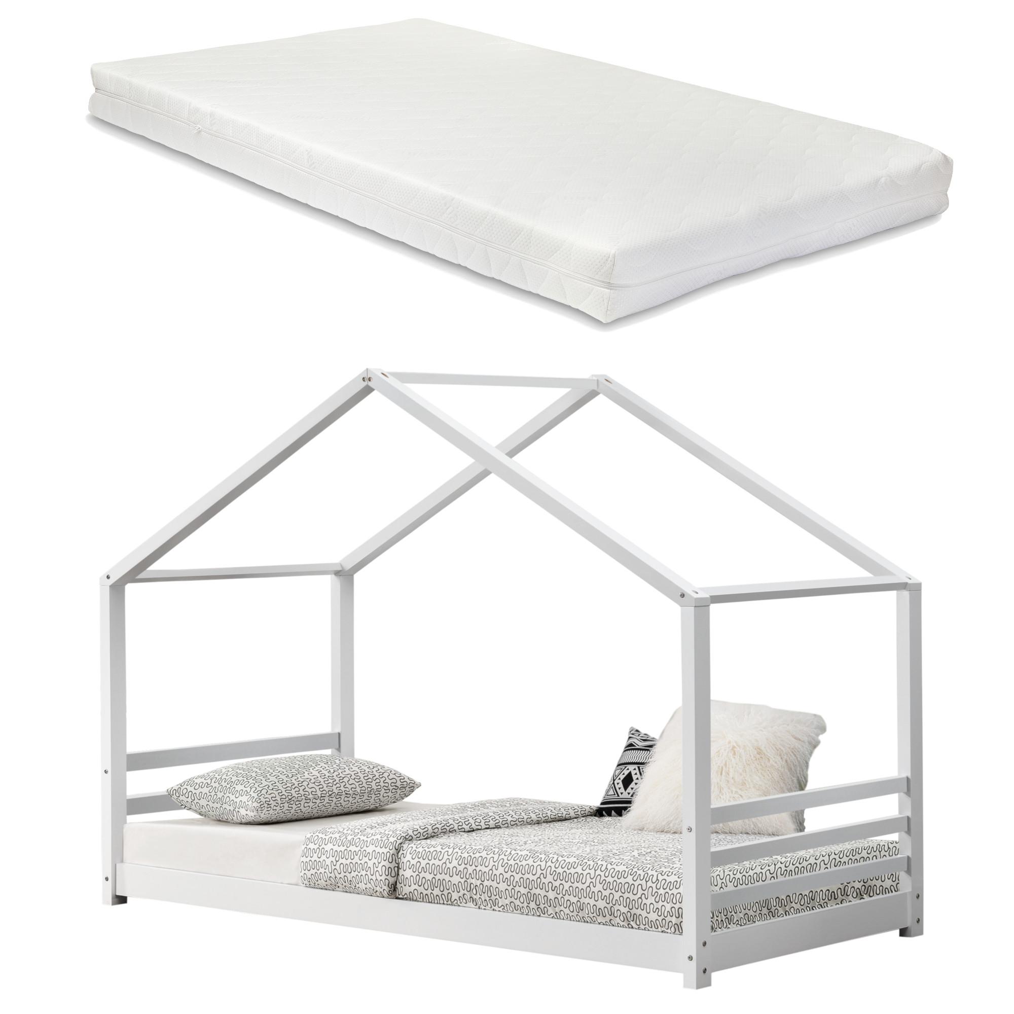 HAUSBETT Vardø mit Matratze - Weiß, Holz/Textil (90/200cm) - [en.casa]