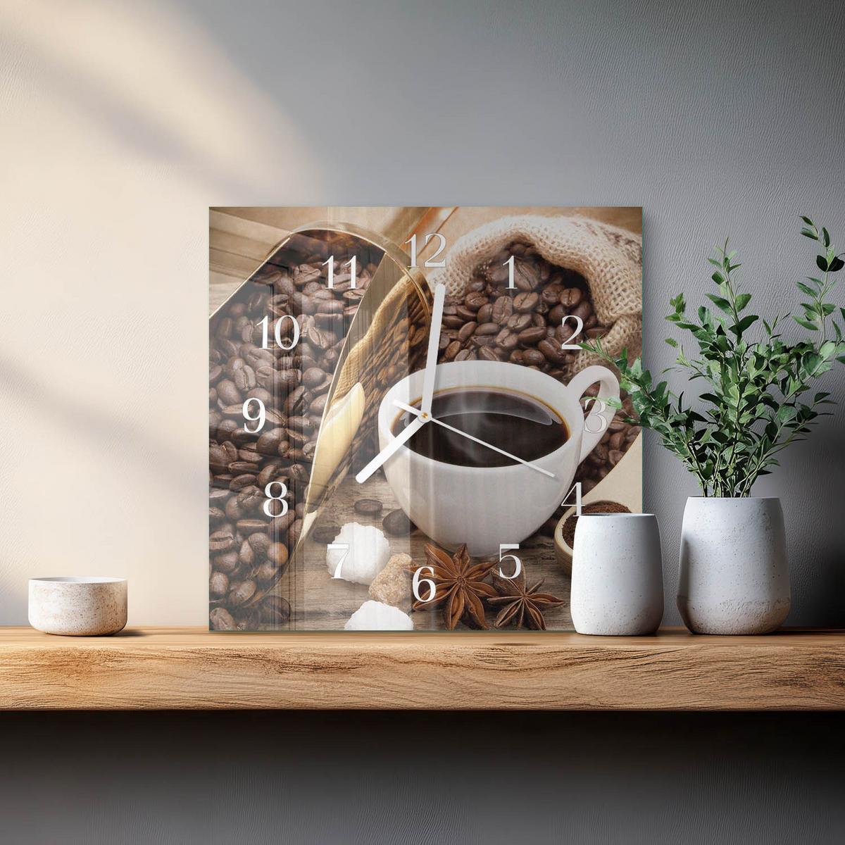WANDUHR aus Glas 30x30 cm - Kaffee - Braun, Glas (30/30/0.4cm) - TULUP
