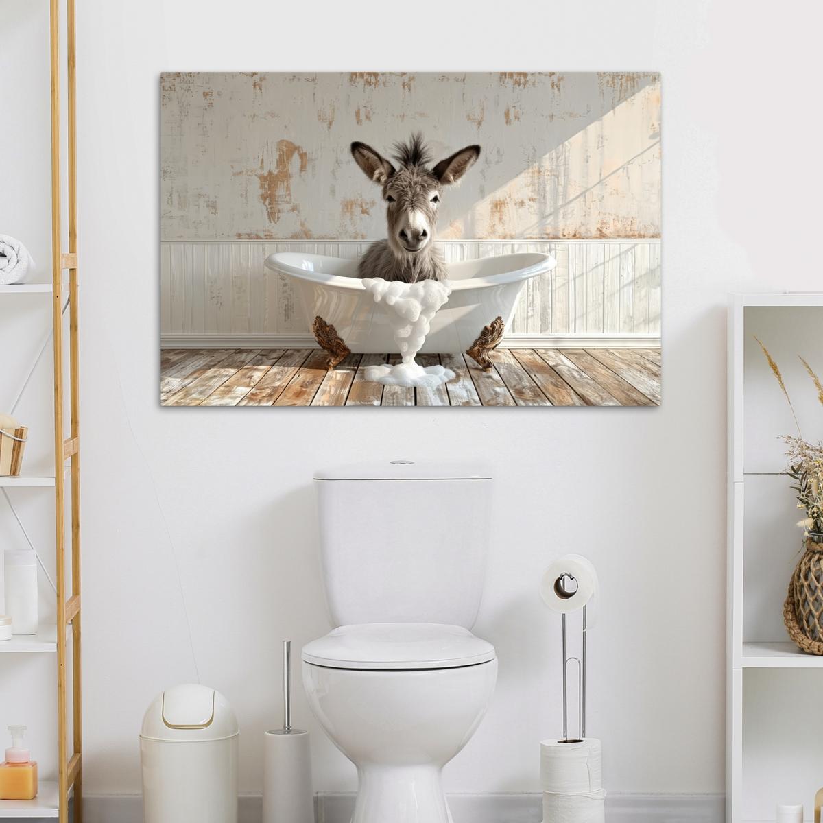 LEINWANDBILD Esel - Tiere - Badewanne - Schaumstoff Wohnzimmer Groß 120x80 cm - Weiß, Textil (120/80cm) - MuchoWow